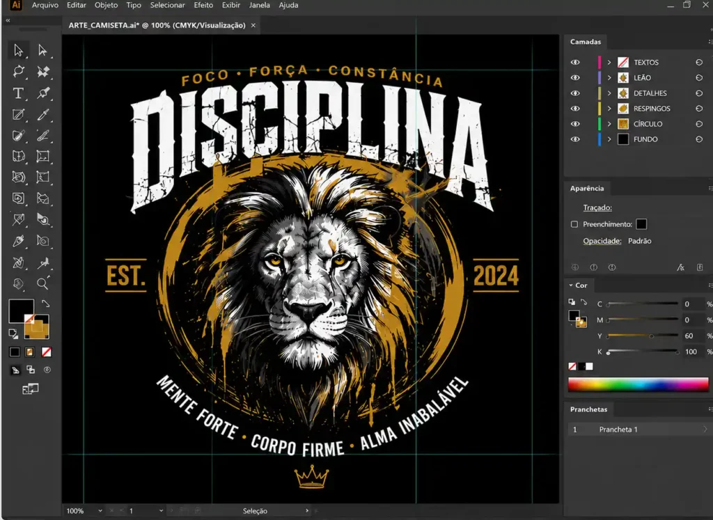 Arte para camiseta personalizada sendo desenvolvida em software de design vetorial