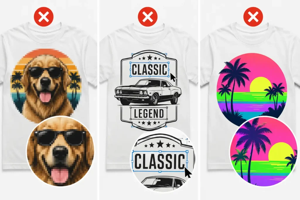Exemplos de erros comuns em artes para camiseta personalizada: resolução baixa, texto não convertido e cores incorretas
