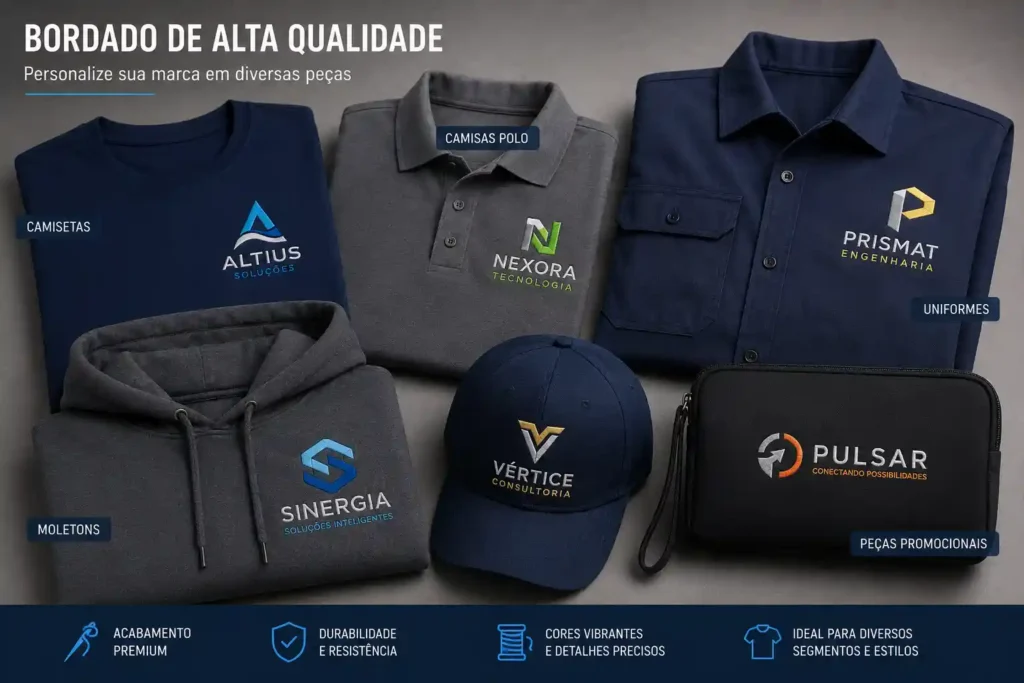 Camisetas corporativas personalizadas com bordado e silk screen exibindo identidade visual de empresa com cores padronizadas