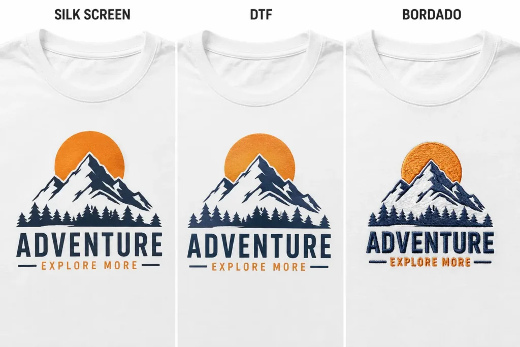 Comparação lado a lado de uma mesma arte produzida em silk screen, DTF e bordado em camisetas brancas