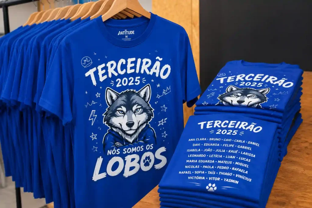 camisetas-femininas-personalizadas Camisas de terceirão personalizadas prontas para entrega dobradas com estampas coloridas e nítidas resultado de personalização do zero com silk screen em São Paulo