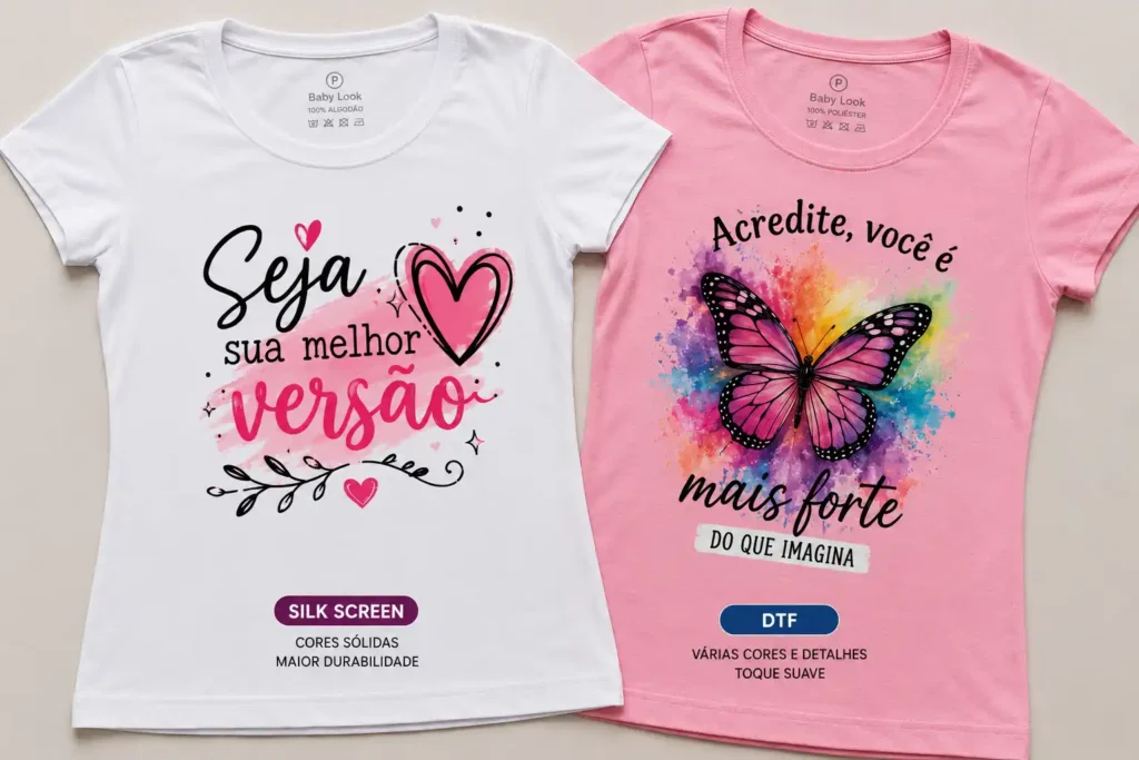 camisetas-femininas-personalizadas Estampa em silk screen aplicada em camiseta feminina baby look branca e rosa, personalização em São Paulo