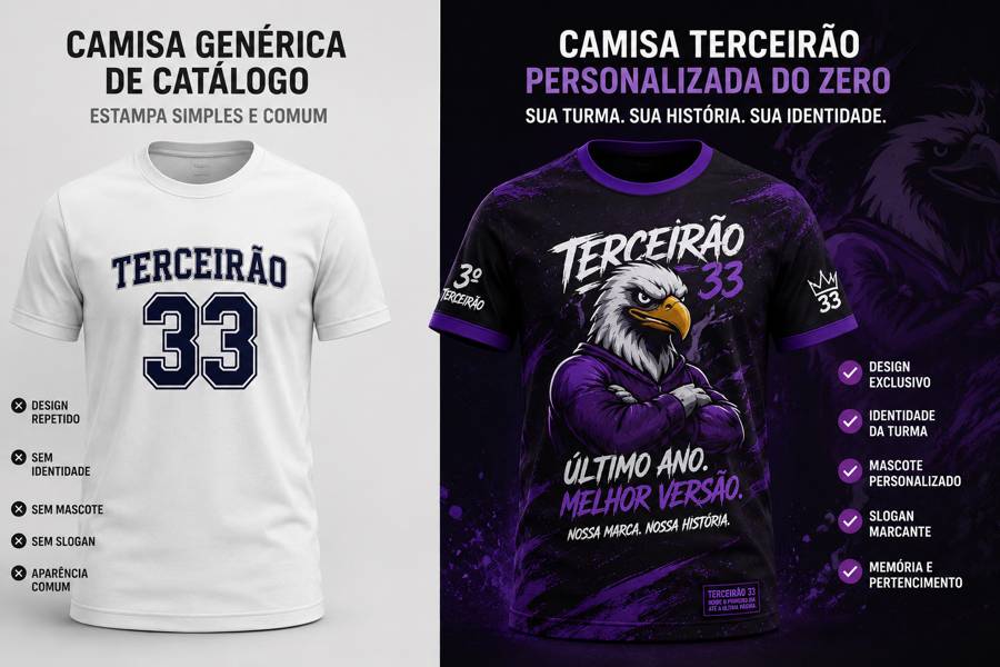 camisetas-femininas-personalizadas Comparação entre camisa de terceirão genérica de catálogo e camisa personalizada do zero com mascote slogan e identidade visual exclusiva da turma