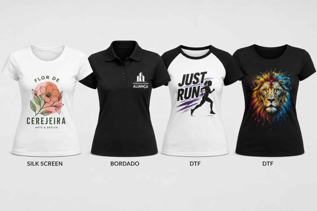 camisetas-femininas-personalizadas Modelos de camisetas femininas personalizadas em São Paulo: baby look, polo, raglan e slim com silk screen, DTF e bordado