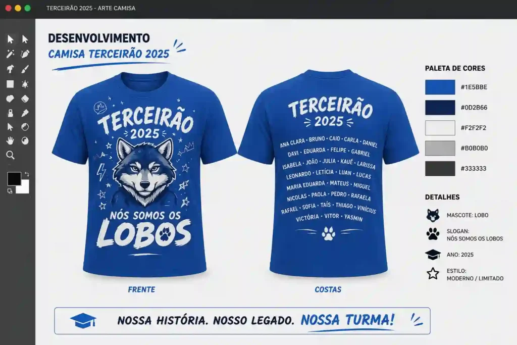 camisetas-femininas-personalizadas Tela de designer com arte em desenvolvimento para camisa de terceirão mostrando mascote na frente slogan ano de formatura e nomes dos alunos nas costas.
