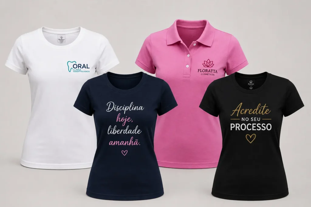 camisetas-femininas-personalizadas Pedido de camisetas personalizadas femininas prontas para entrega em São Paulo, com estampas em silk screen e DTF pela Baruch Camisetas Personalizadas