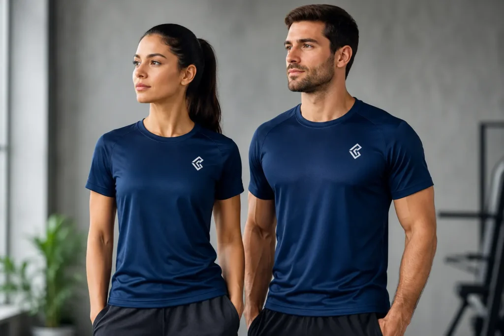 camisetas-femininas-personalizadas Equipe usando camiseta dry fit personalizada em evento esportivo corporativo