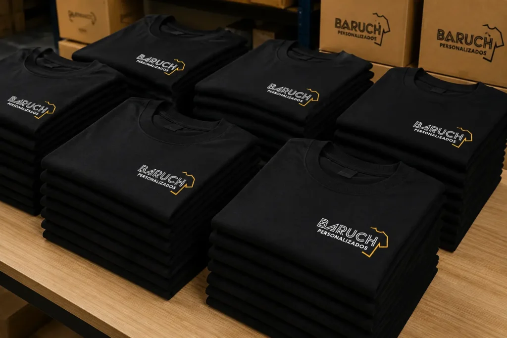 camisetas-femininas-personalizadas Pilha de camisetas personalizadas empresa organizadas antes da entrega