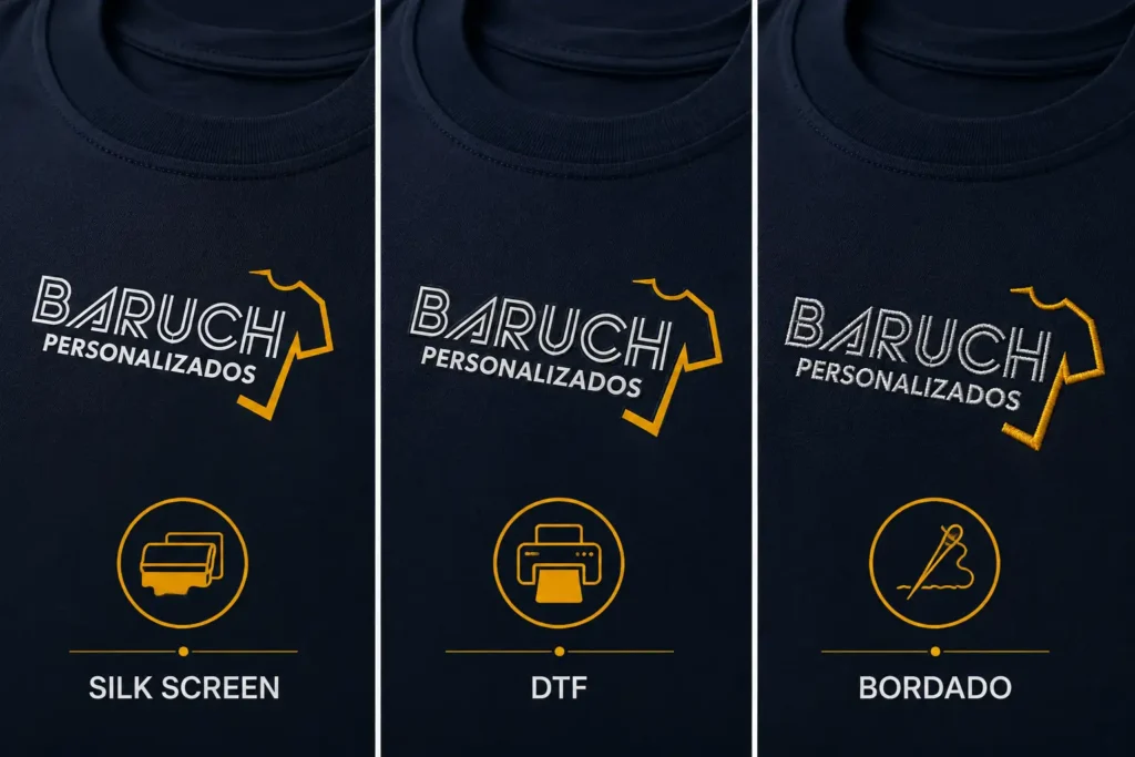 camisetas-femininas-personalizadas Comparação visual das técnicas silk screen, DTF e bordado em camiseta personalizada empresa