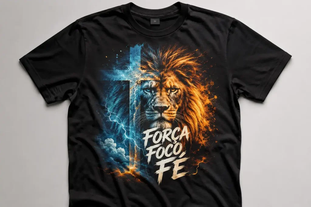 camisetas-femininas-personalizadas Resultado final de uma estampa criada com IA Legenda